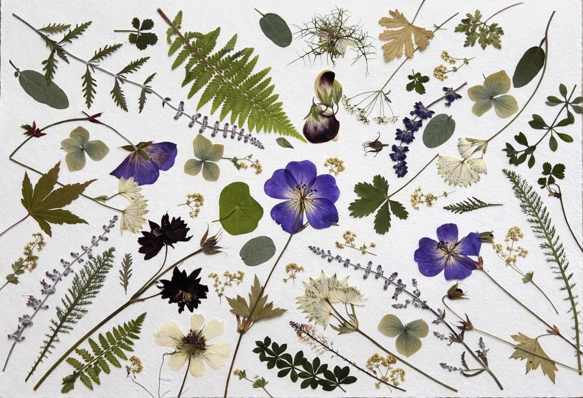 Pressed flowers and foliage from our coastal garden