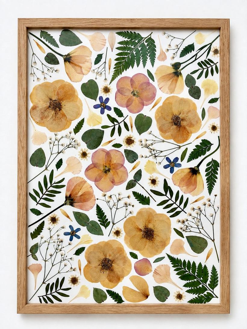Framed pressed flower composition of roses, hellebores, ferns and gypsophila on white paper in a solid oak frame